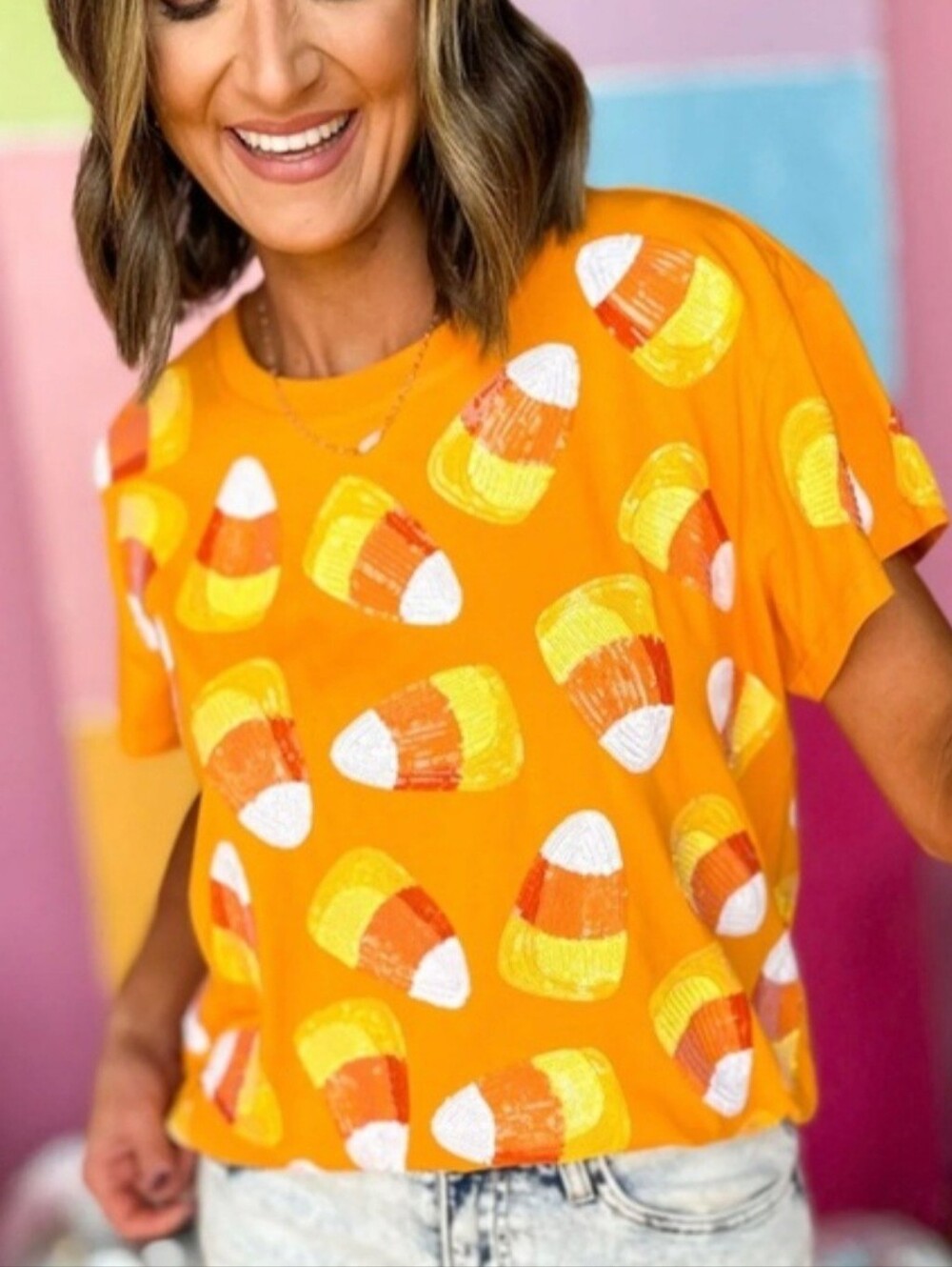 Queen of Sparkles Orange Candy Corn Sequin Embellished Top size Medium